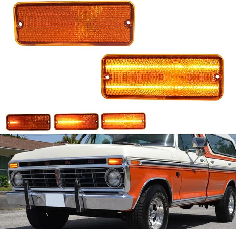 Tonsya For 1974 1975 1976 1977 Ford F-100 F100 Front Bumper Turn Signal Side Marker lights Amber Lens Amber LED D5TZ13200A 906-55-22-04 - Image 1